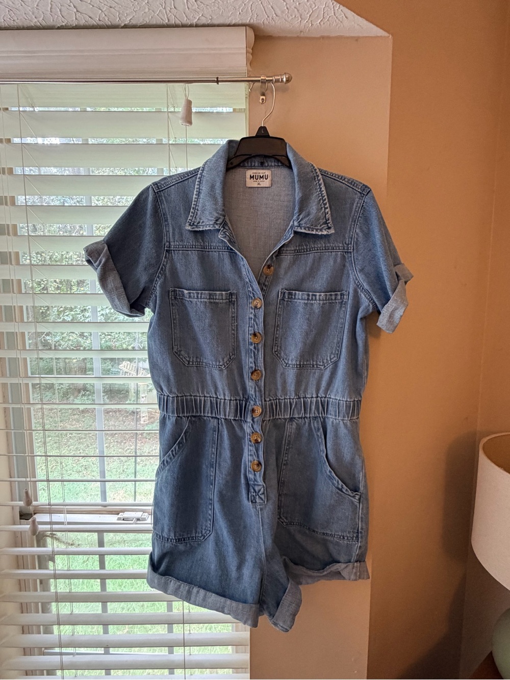 Show Me Your MuMu Light Blue Denim Short Romper - Button Front